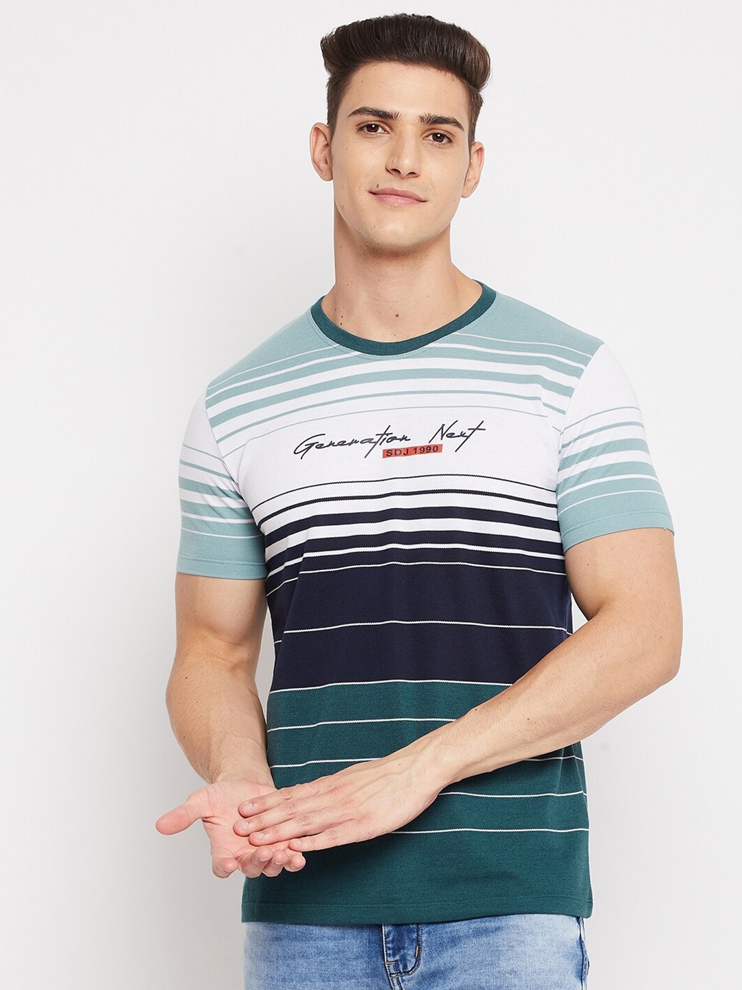 

Duke Men Blue & Green Striped Slim Fit T-shirt