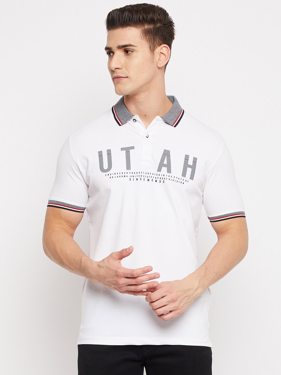 Duke Men White Typography Printed Polo Collar Applique Slim Fit T-shirt