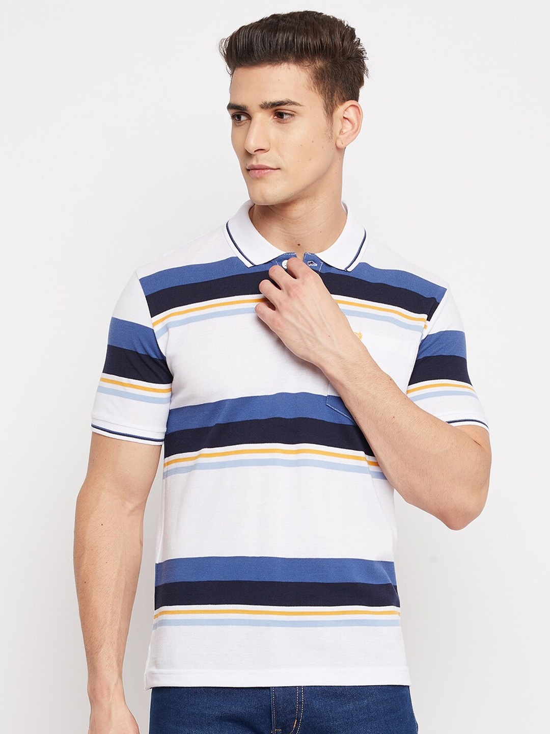 

Duke Men Blue Striped Polo Collar T-shirt