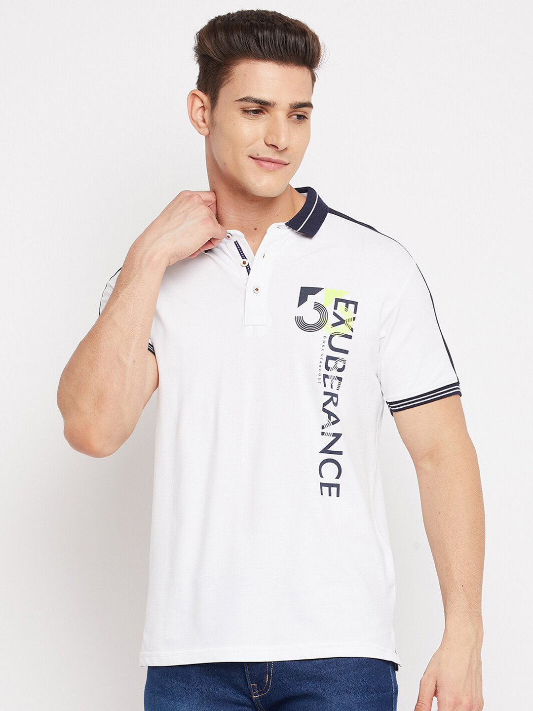 

Duke Men White Typography Printed Polo Collar Applique Slim Fit T-shirt