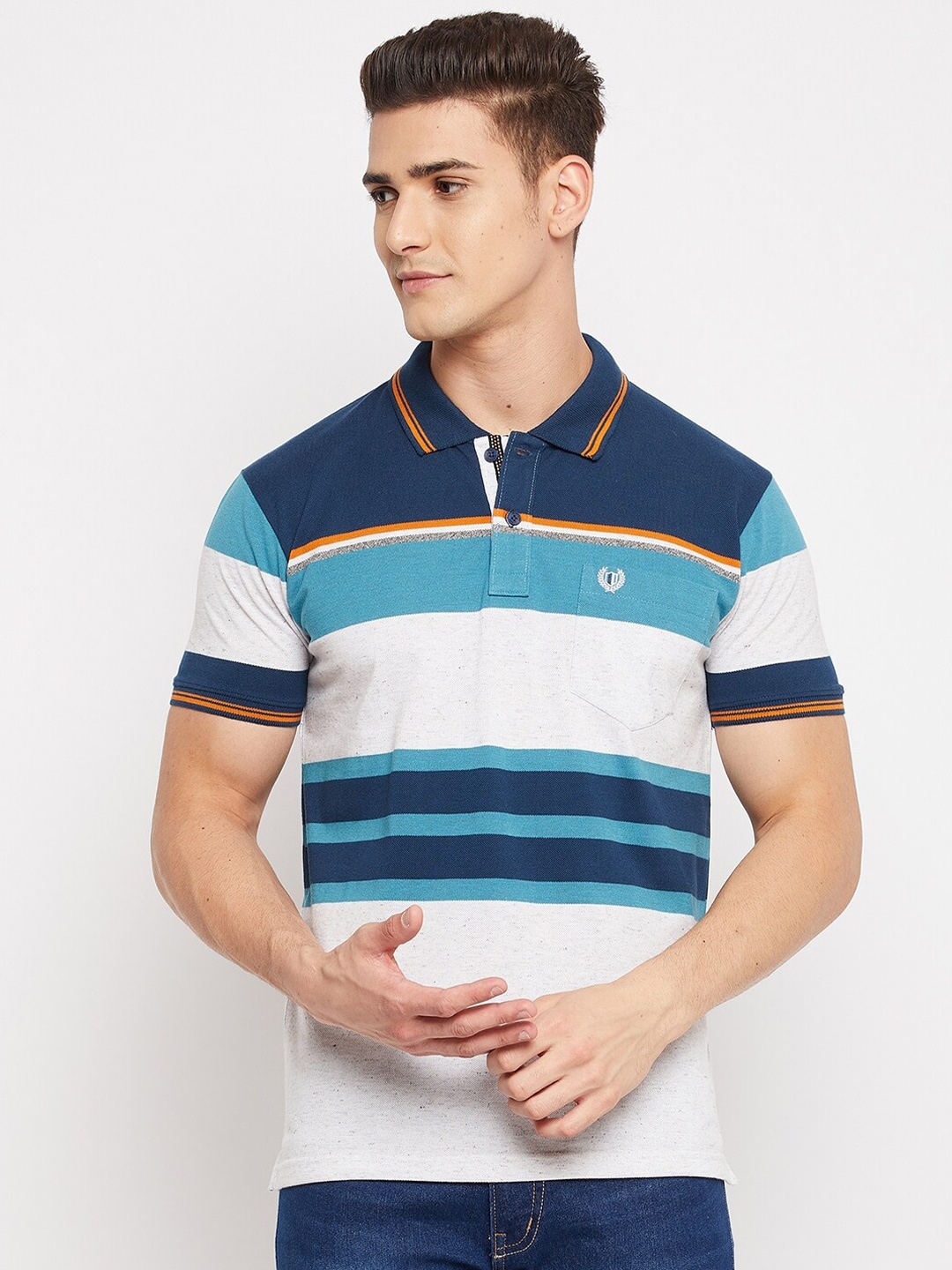 

Duke Men Blue Striped Polo Collar T-shirt
