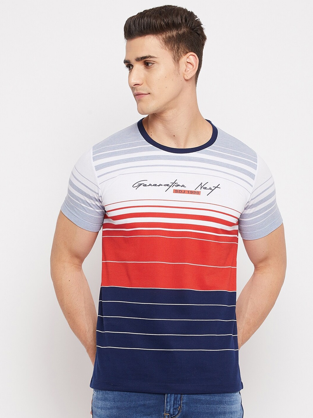 

Duke Men Blue Striped Applique Slim Fit T-shirt