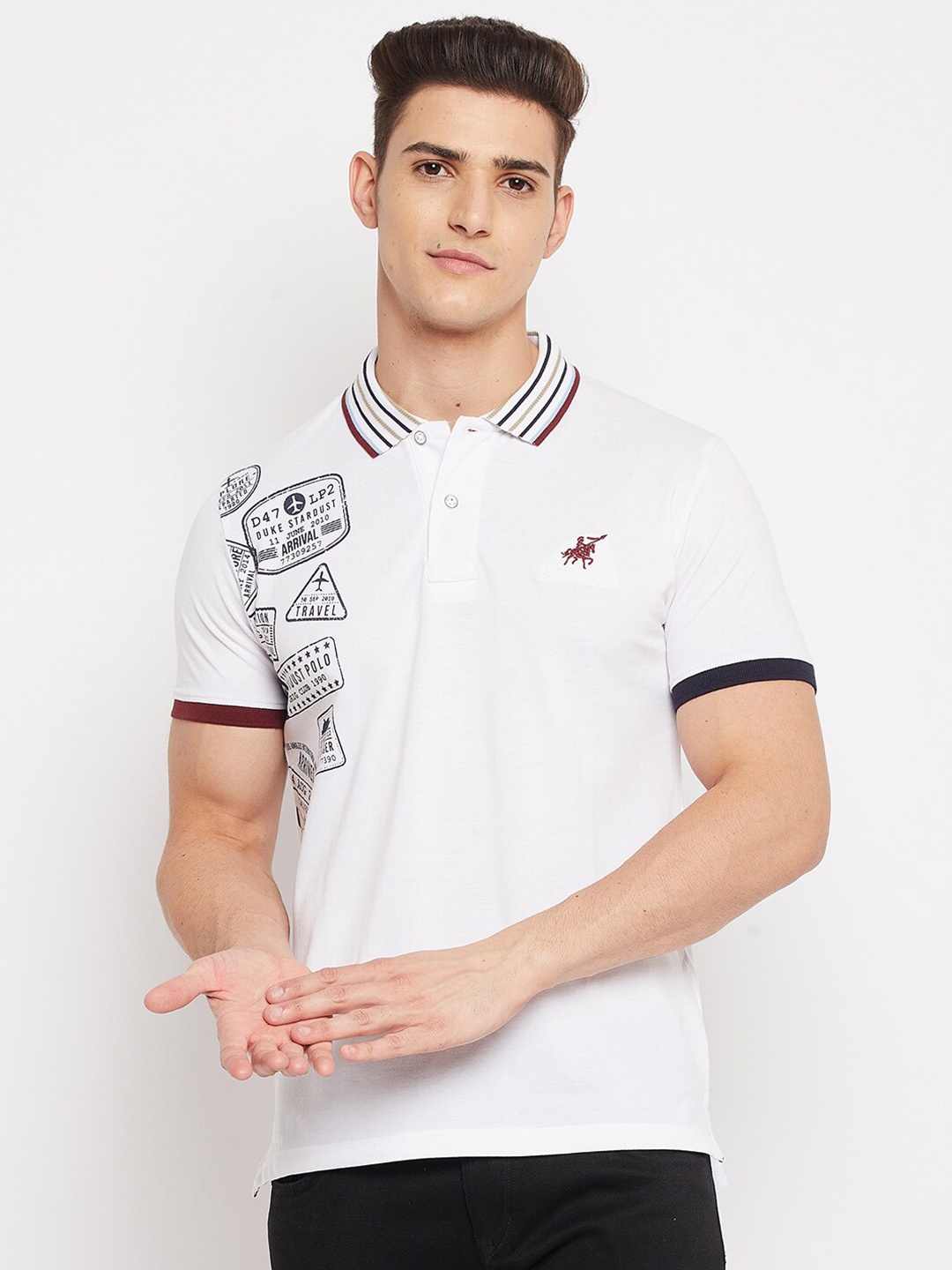 

Duke Men White Typography Polo Collar Applique Slim Fit T-shirt