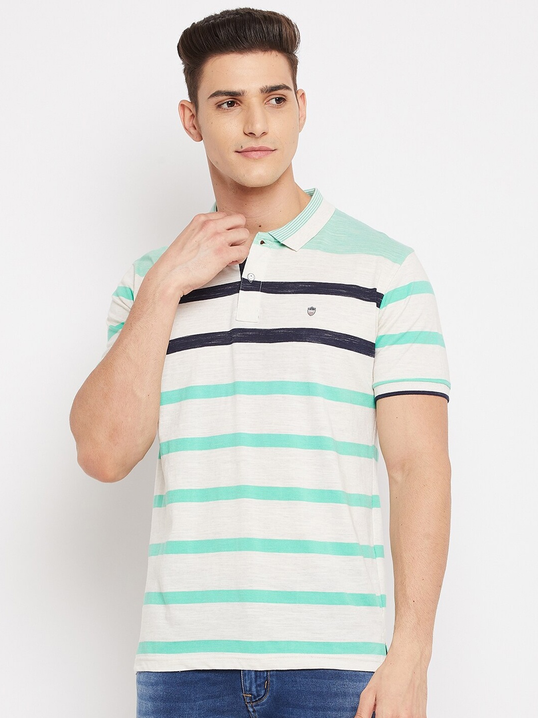 

Duke Men White & Green Striped Polo Collar Slim Fit T-shirt