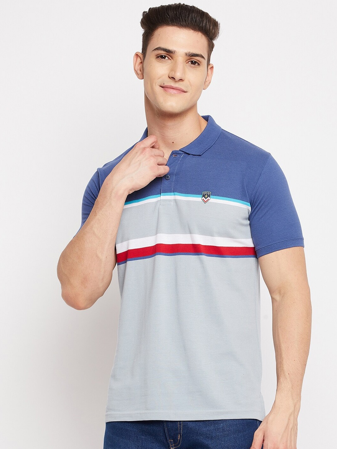 

Duke Men Blue & Red Striped Polo Collar Slim Fit T-shirt