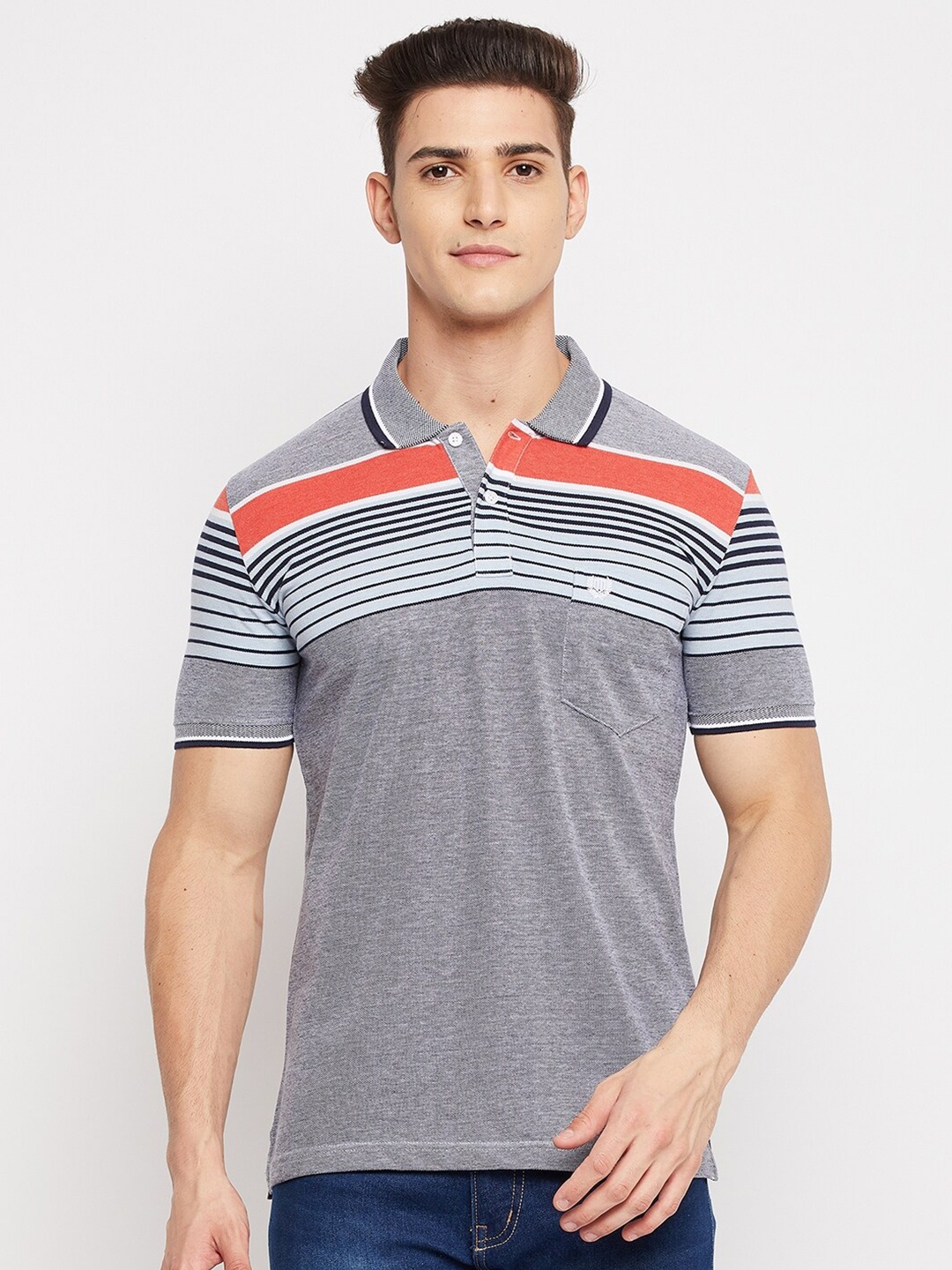 

Duke Men Blue Striped Polo Collar T-shirt