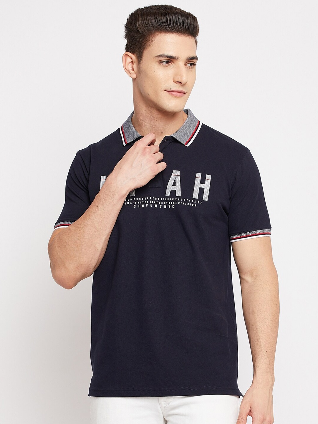 

Duke Men Navy Blue Typography Printed Polo Collar Slim Fit T-shirt