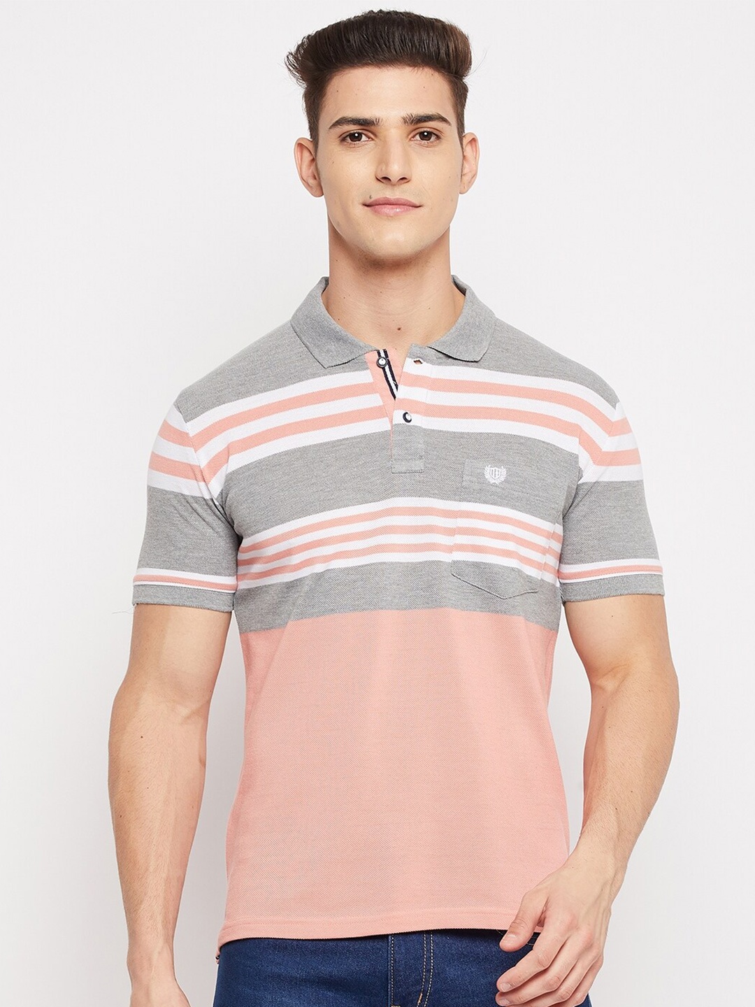 

Duke Men Grey & Peach-Coloured Striped Polo Collar T-shirt