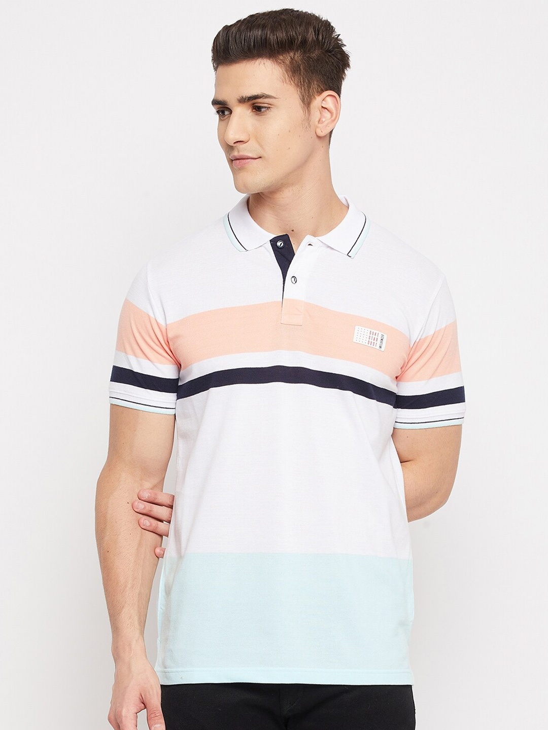 

Duke Men Peach-Coloured & White Colourblocked Polo Collar Slim Fit T-shirt