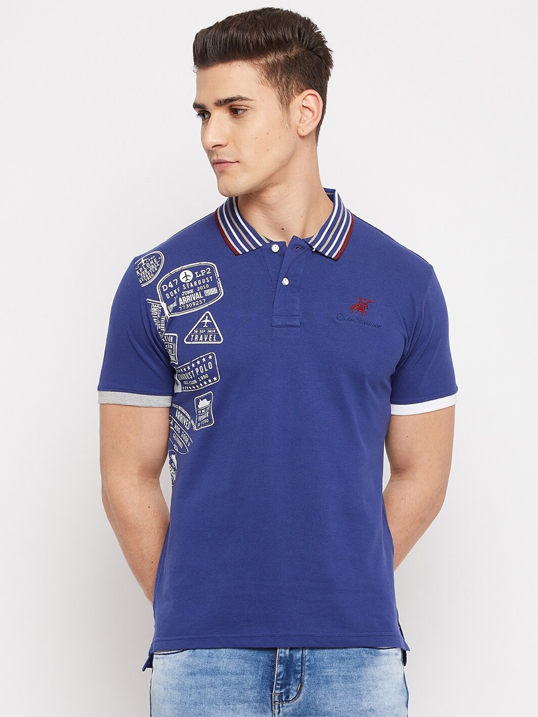 

Duke Men Blue Typography Printed Polo Collar Slim Fit T-shirt