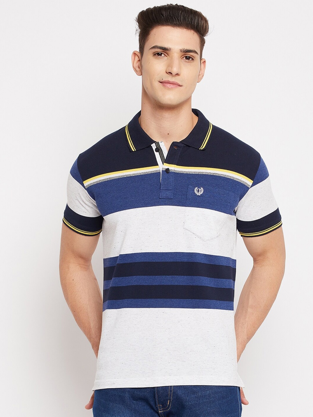 

Duke Men Blue & White Striped Polo Collar T-shirt