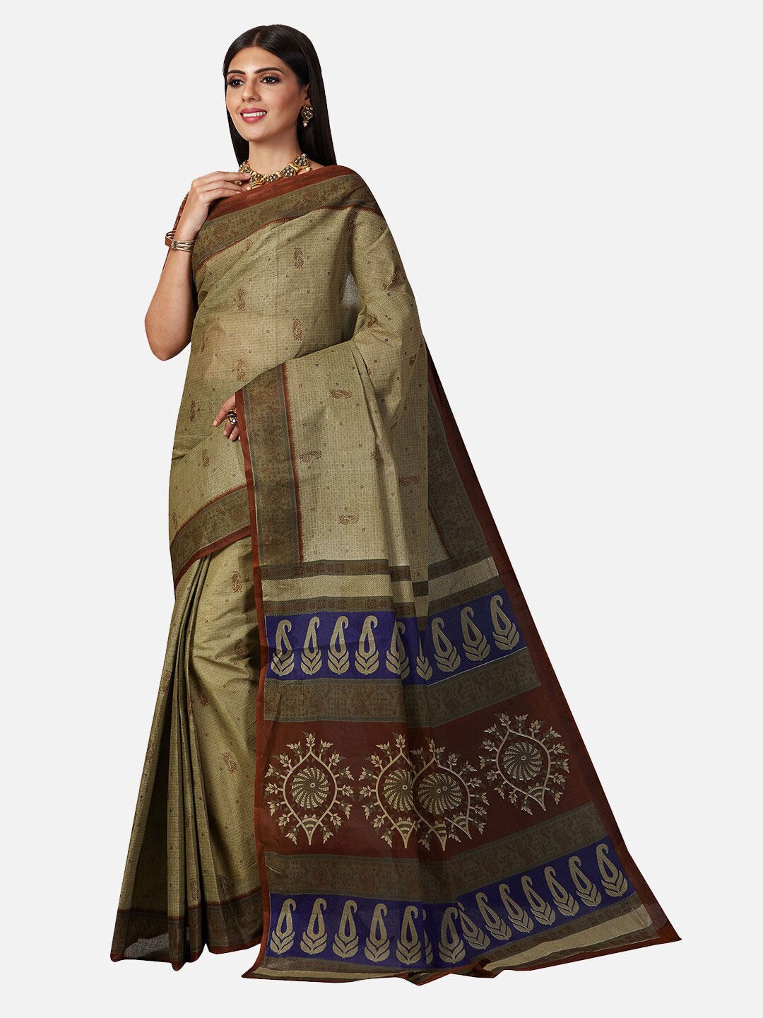 

SALWAR STUDIO Grey & Brown Ethnic Motifs Pure Cotton Saree