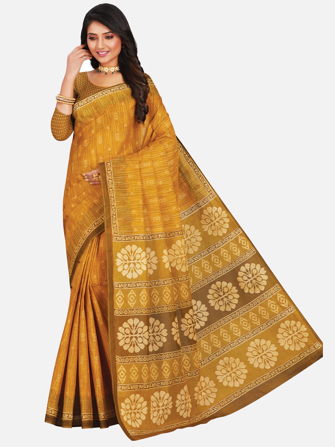 

SALWAR STUDIO Yellow & Gold-Toned Ethnic Motifs Pure Cotton Heavy Work Saree