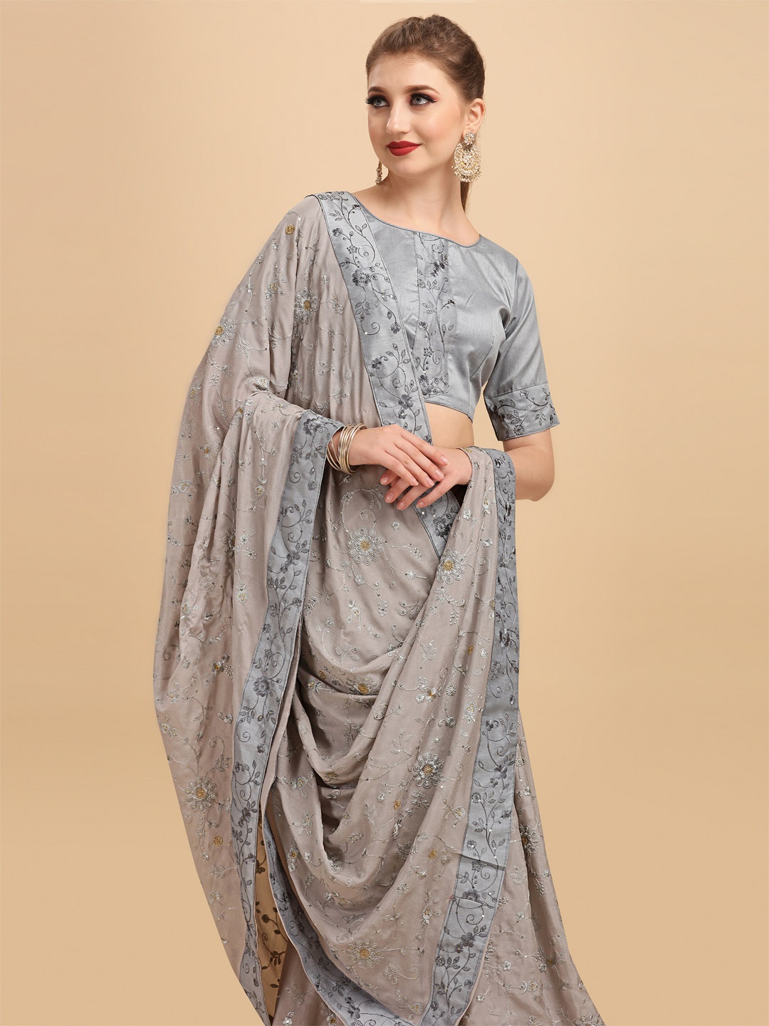 

Sangria Taupe & Grey Floral Embroidered Silk Blend Saree