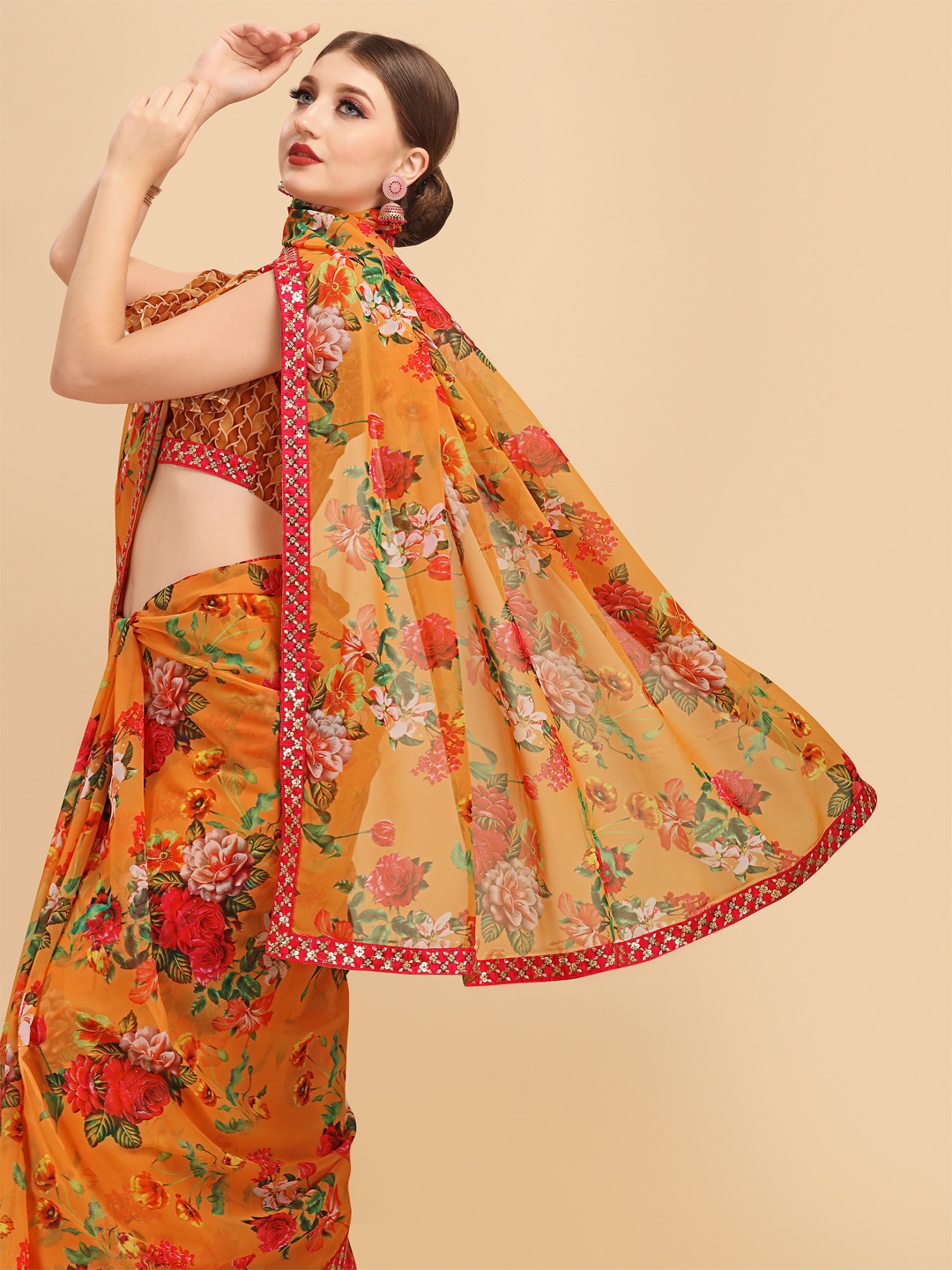 

Sangria Mustard & Red Floral Sequinned Pure Georgette Saree