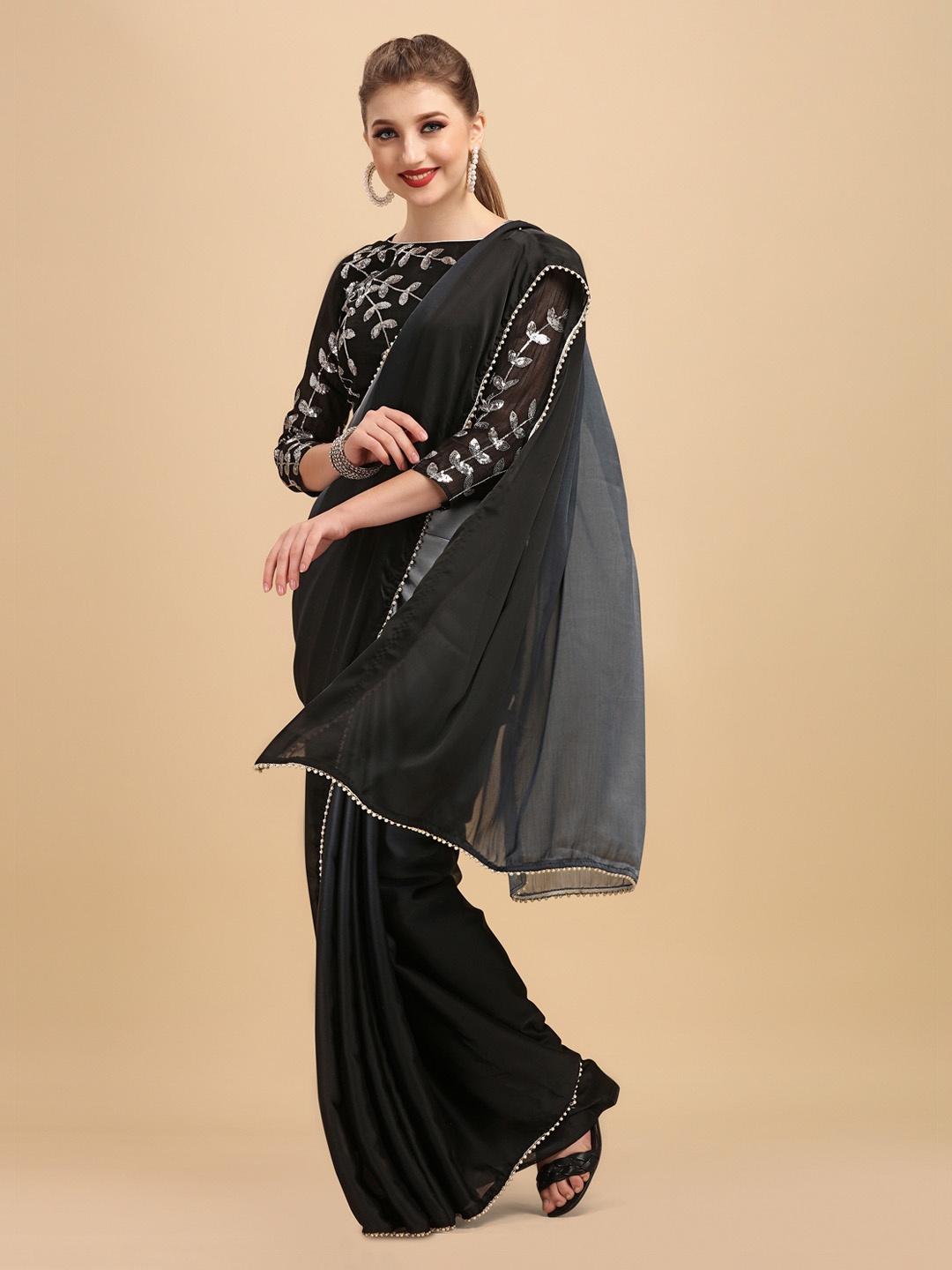 

Sangria Black & Grey Embroidered Satin Saree