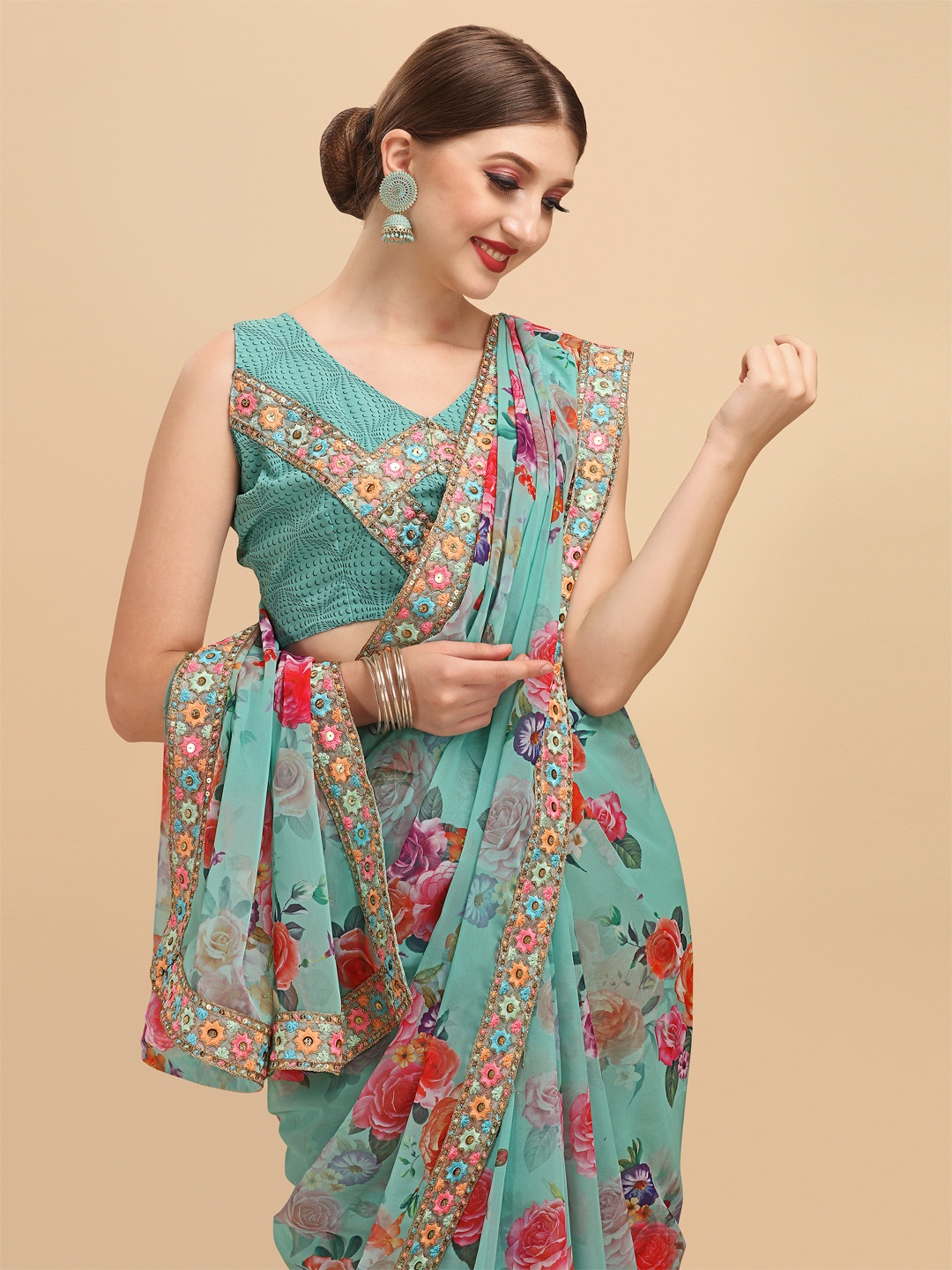 

Sangria Sea Green & Red Floral Mirror Work Pure Georgette Saree