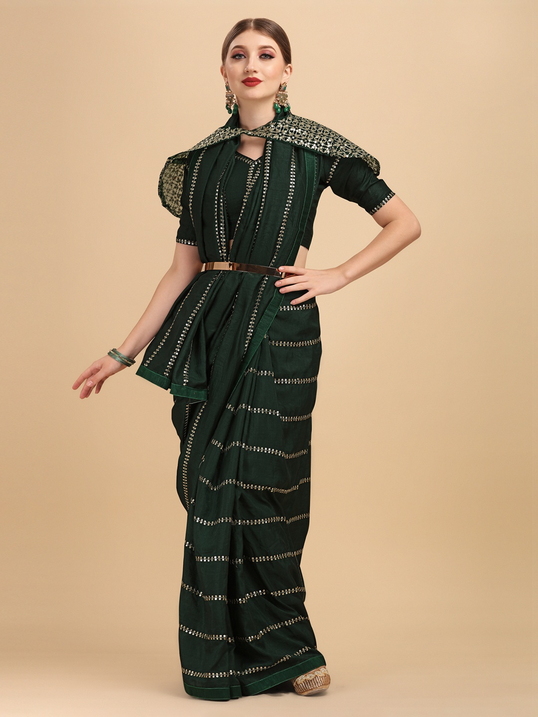 

Sangria Olive Green & Gold-Toned Embellished Sequinned Silk Blend Saree