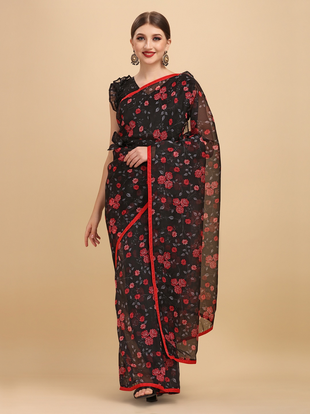 

Sangria Black Floral Printed Organza Sarees