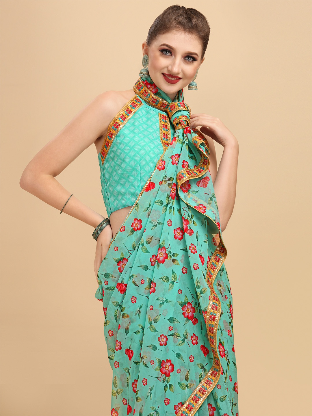 

Sangria Sea Green & Red Floral Gotta Patti Pure Georgette Saree