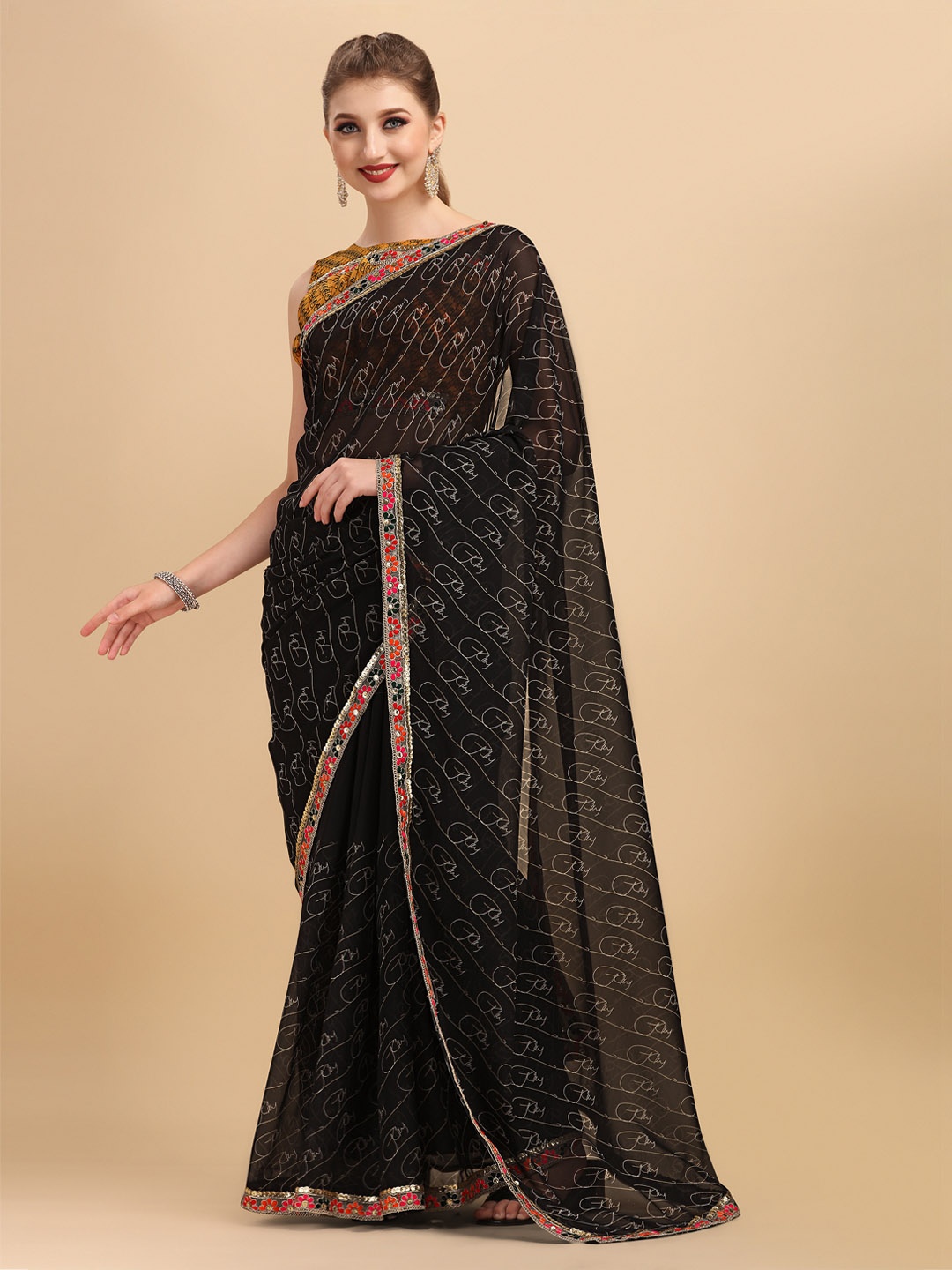 

Sangria Black & Gold-Toned Embroidered Pure Georgette Saree