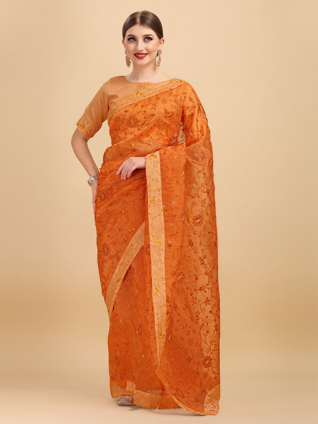 

Sangria Orange Floral Embroidered Organza Saree