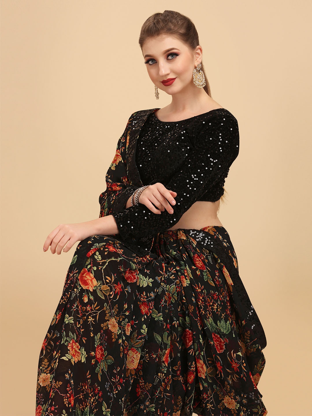 

Sangria Black & Red Floral Embroidered Pure Georgette Saree
