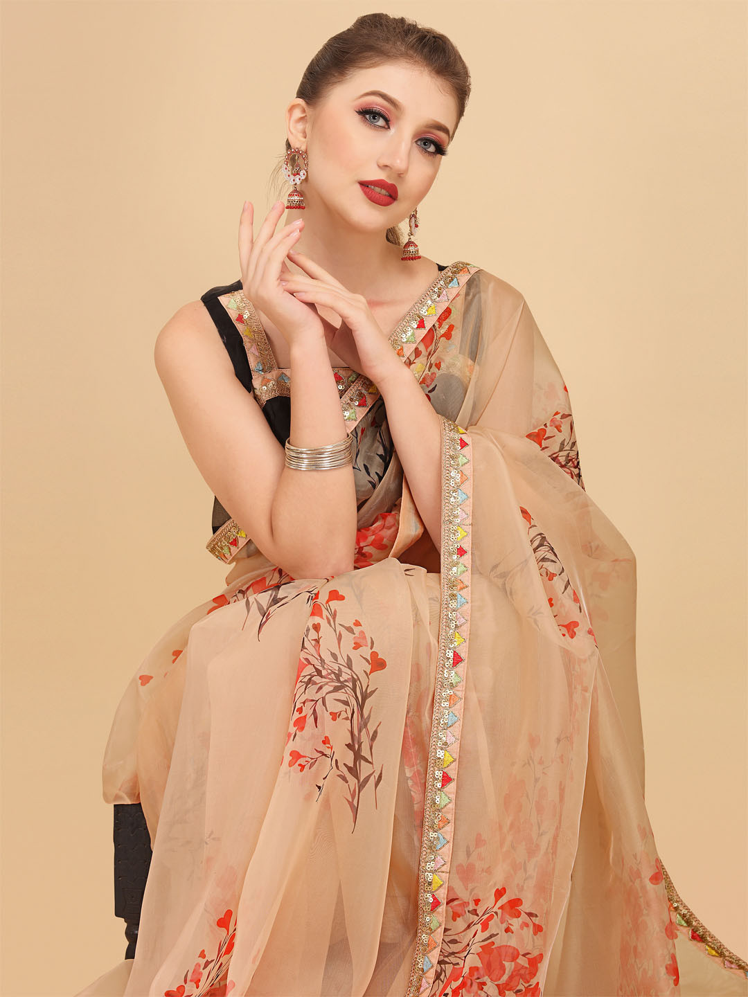 

Sangria Pink & Beige Floral Sequinned Organza Saree