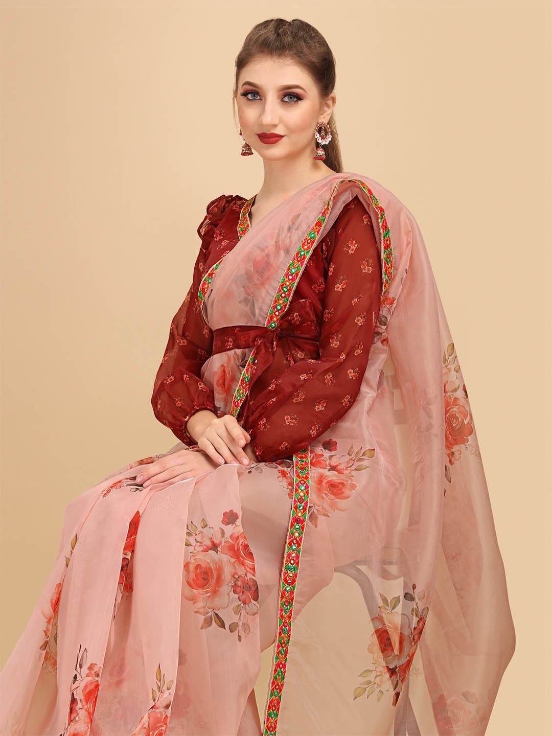 

Sangria Women Rose Printed Organza Saree