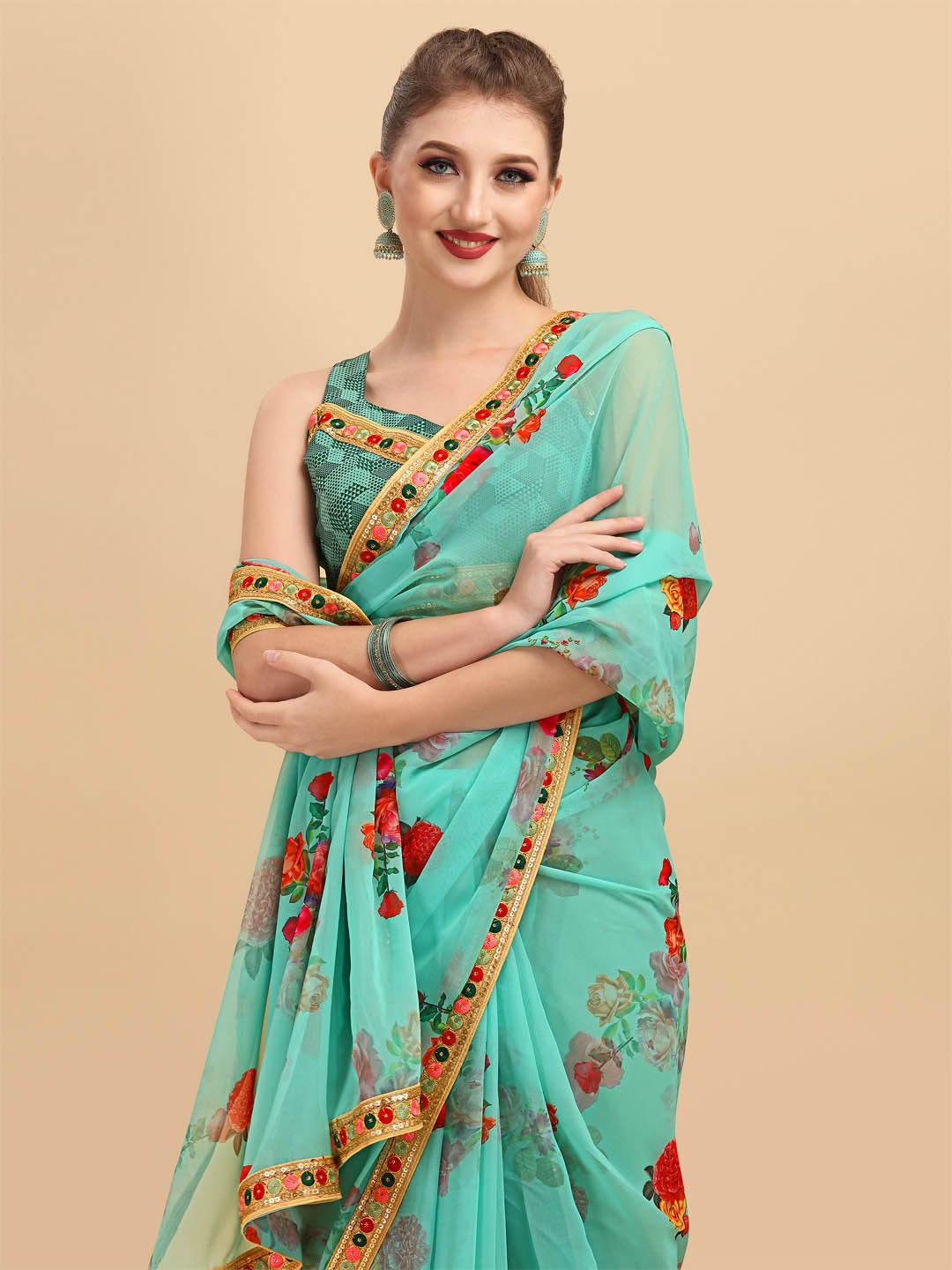 

Sangria Sea Green & Red Floral Pure Georgette Saree