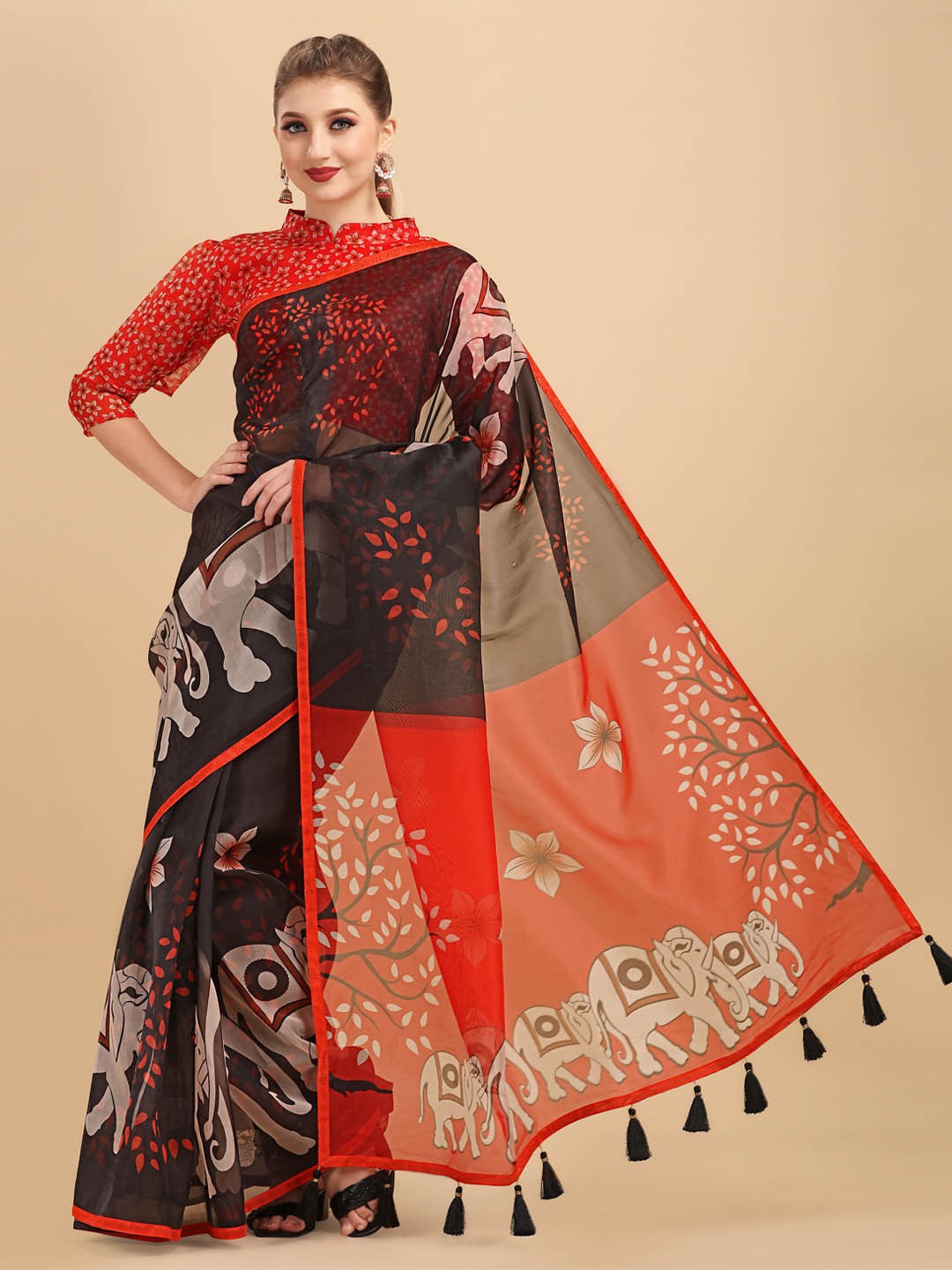 

Sangria Women Black and Red Printed Organza Designer Saree