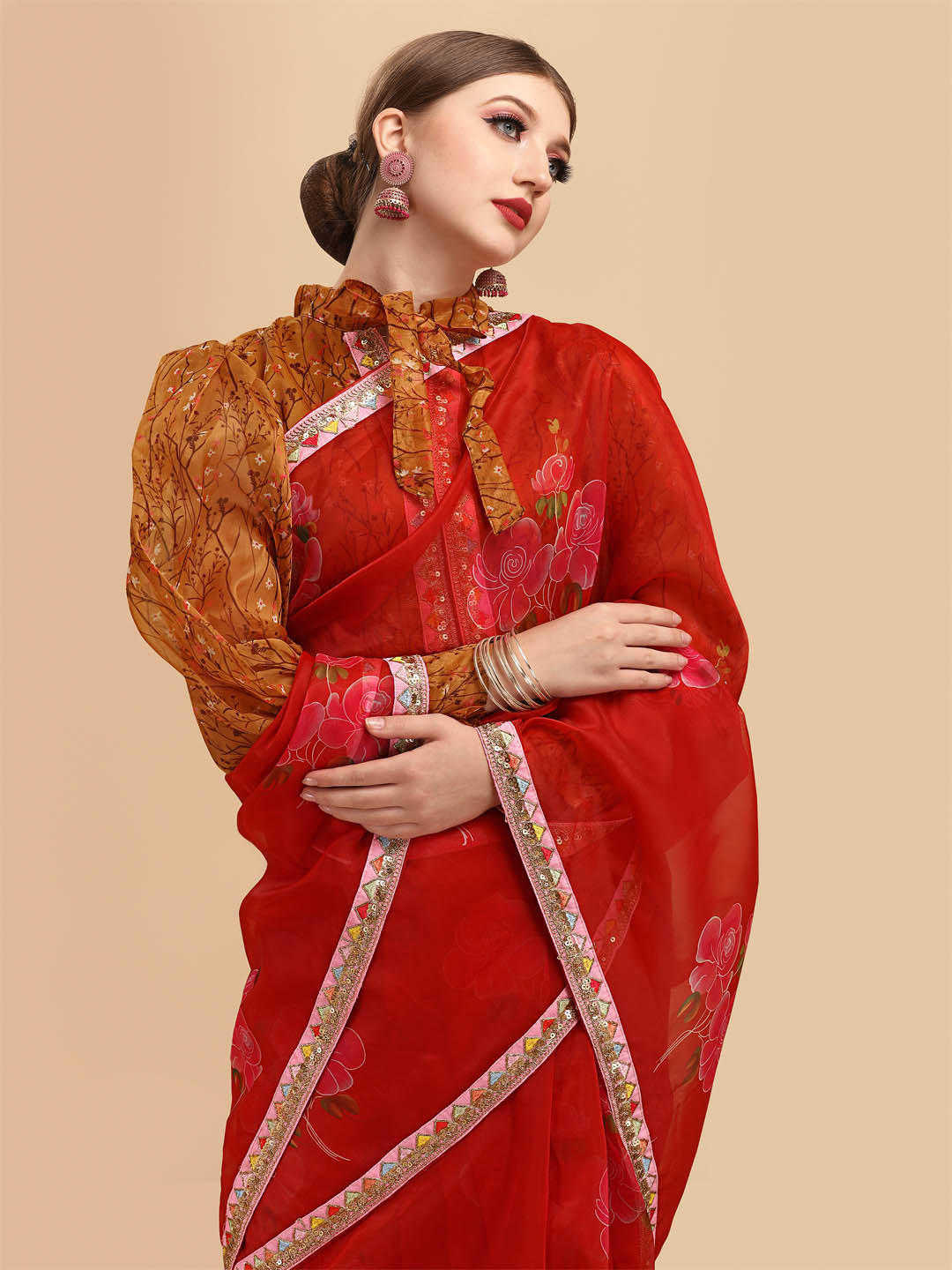 

Sangria Red Floral Print Organza Saree