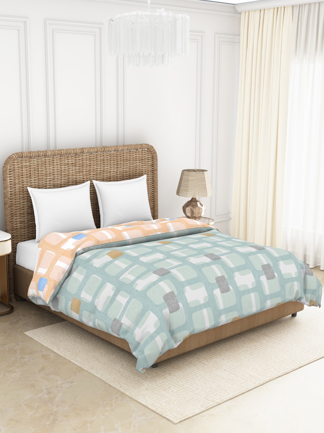 

SPACES Blue & White Geometric AC Room 150 GSM Double Bed Quilt