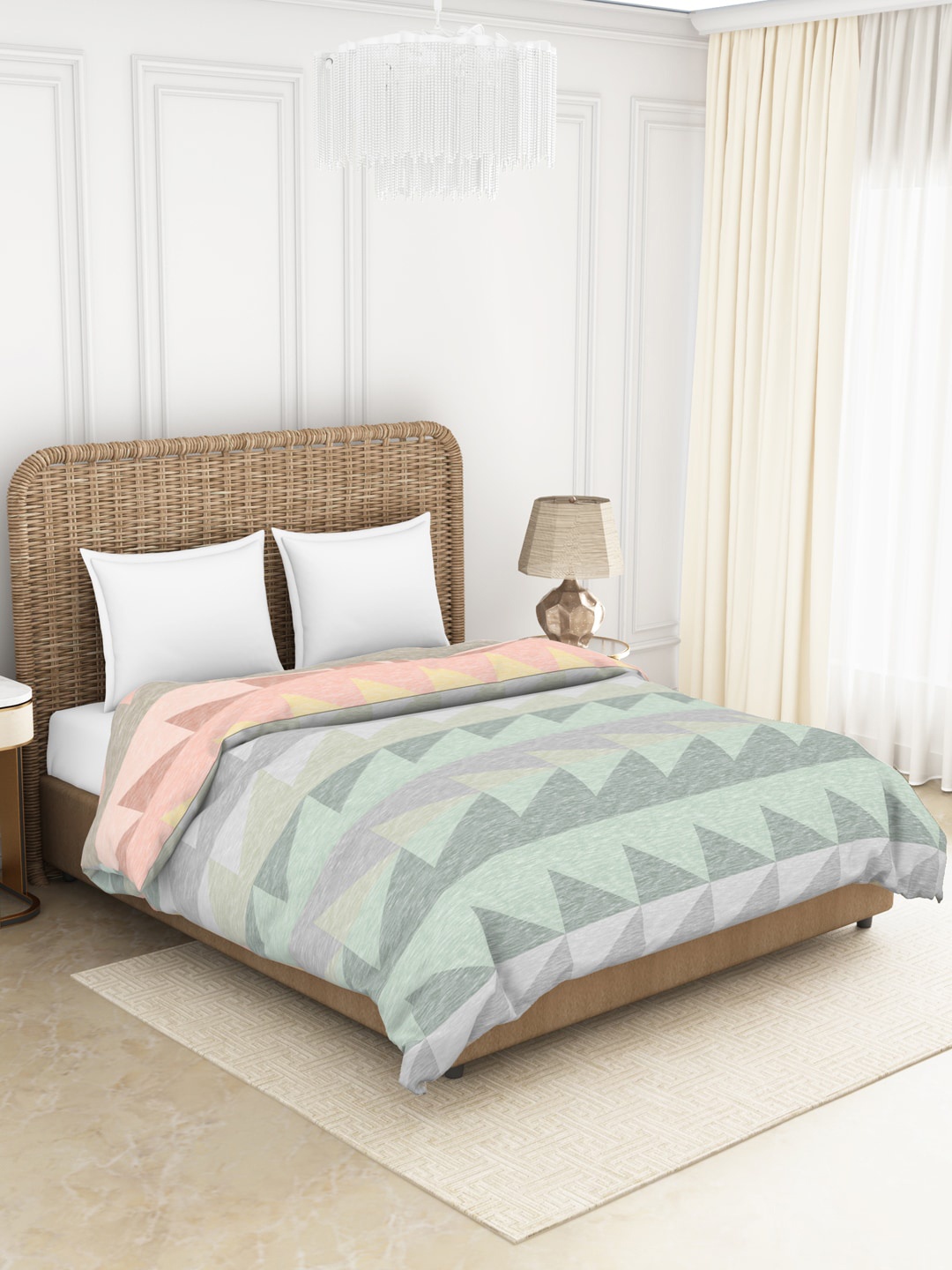

SPACES Green & Peach-Coloured Geometric AC Room 150 GSM Double Bed Quilt