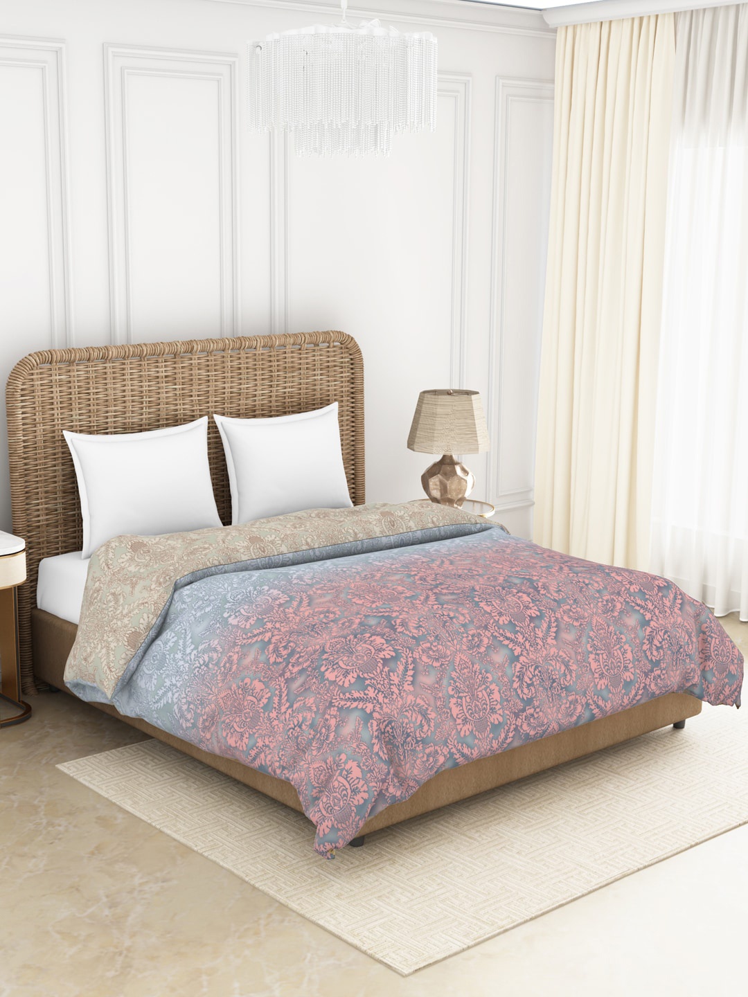 

SPACES Coral & Green Floral AC Room 150 GSM Cotton Double Bed Quilt