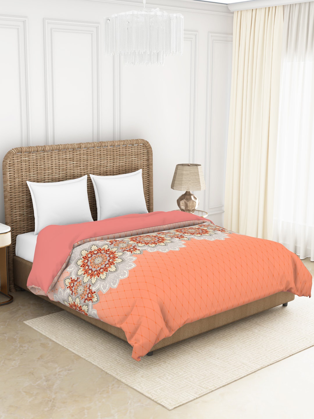 

SPACES Coral & Off White Floral AC Room 150 GSM Double Bed Quilt
