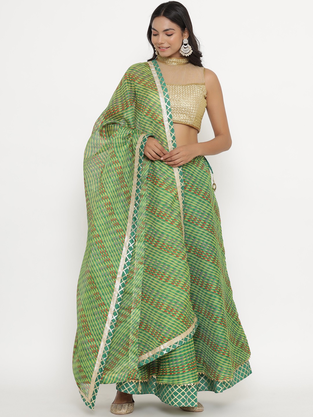

Kesarya Green & Red Embellished Ready to Wear Lehenga & Unstitched Blouse With Dupatta