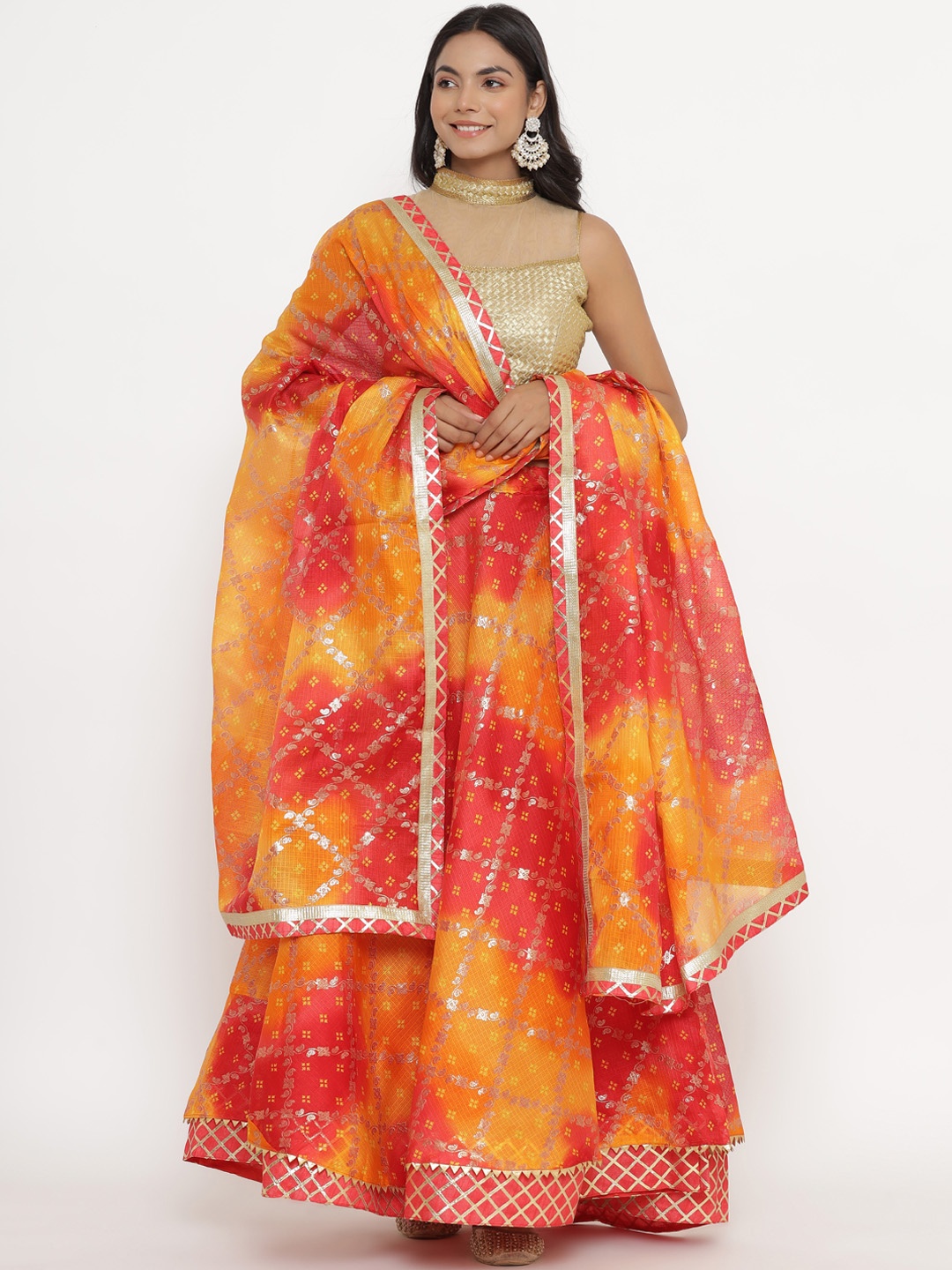 

Kesarya Orange & Red Embellished Ready to Wear Lehenga & Unstitched Blouse With Dupatta