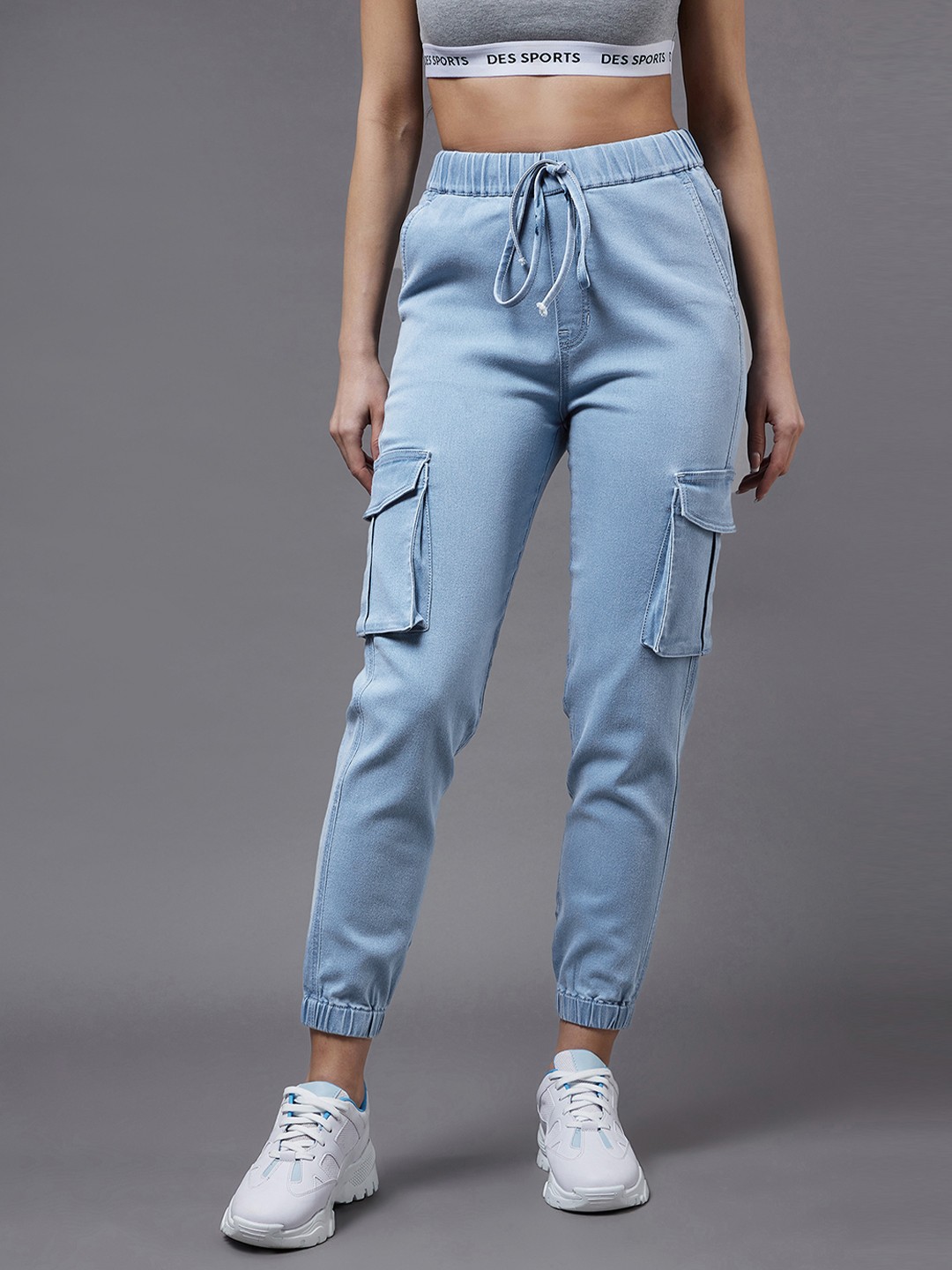 

Miss Chase Women Blue Jogger High-Rise Cuffed Hem Stretchable Jeans
