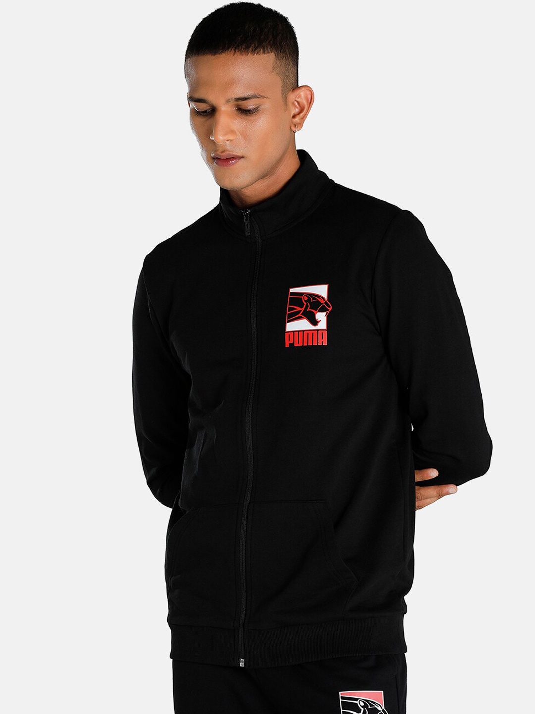 

Puma Men Black Slim Fit Sporty Track Jacket with Patchwork