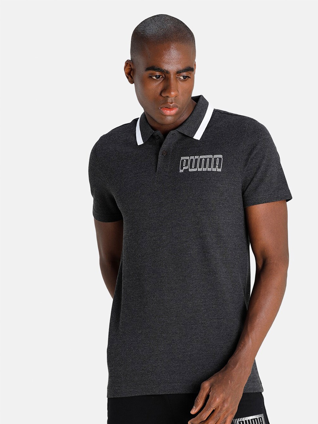 

Puma Men Grey Brand Logo Tipping Slim Fit Polo Collar Cotton T-shirt