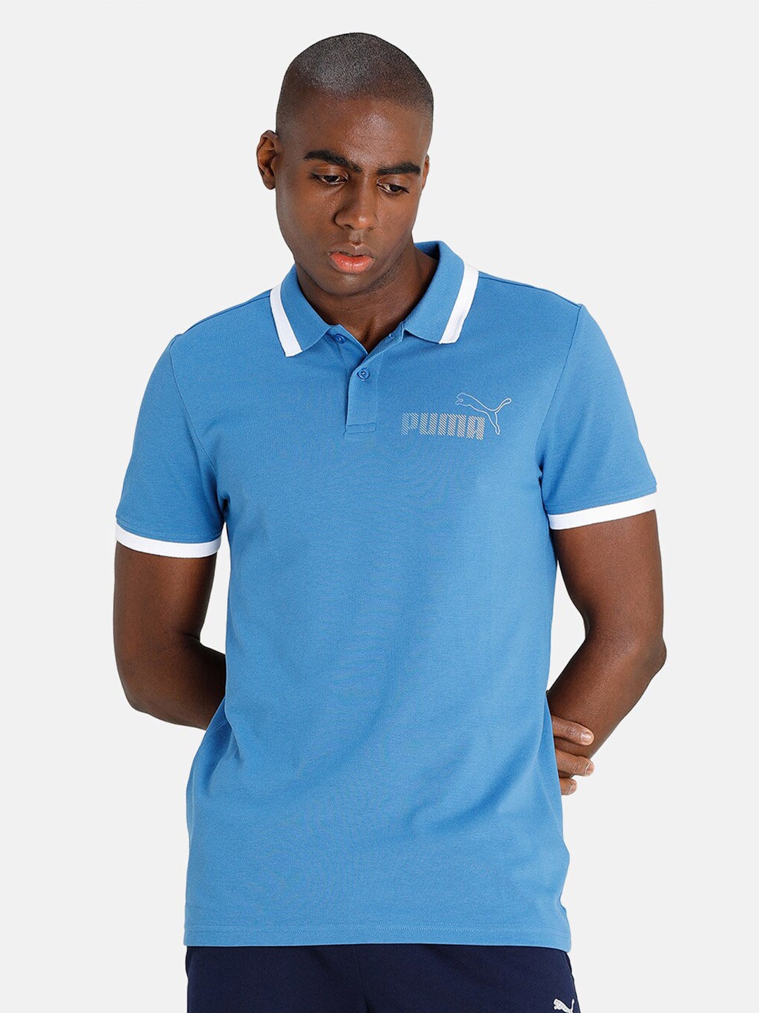 

Puma Men Blue Brand Logo Polo Collar Tipping Slim Fit Cotton T-shirt