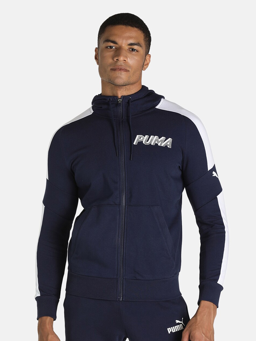 

Puma Men Navy Blue Colourblocked Hooded Sweatshirt