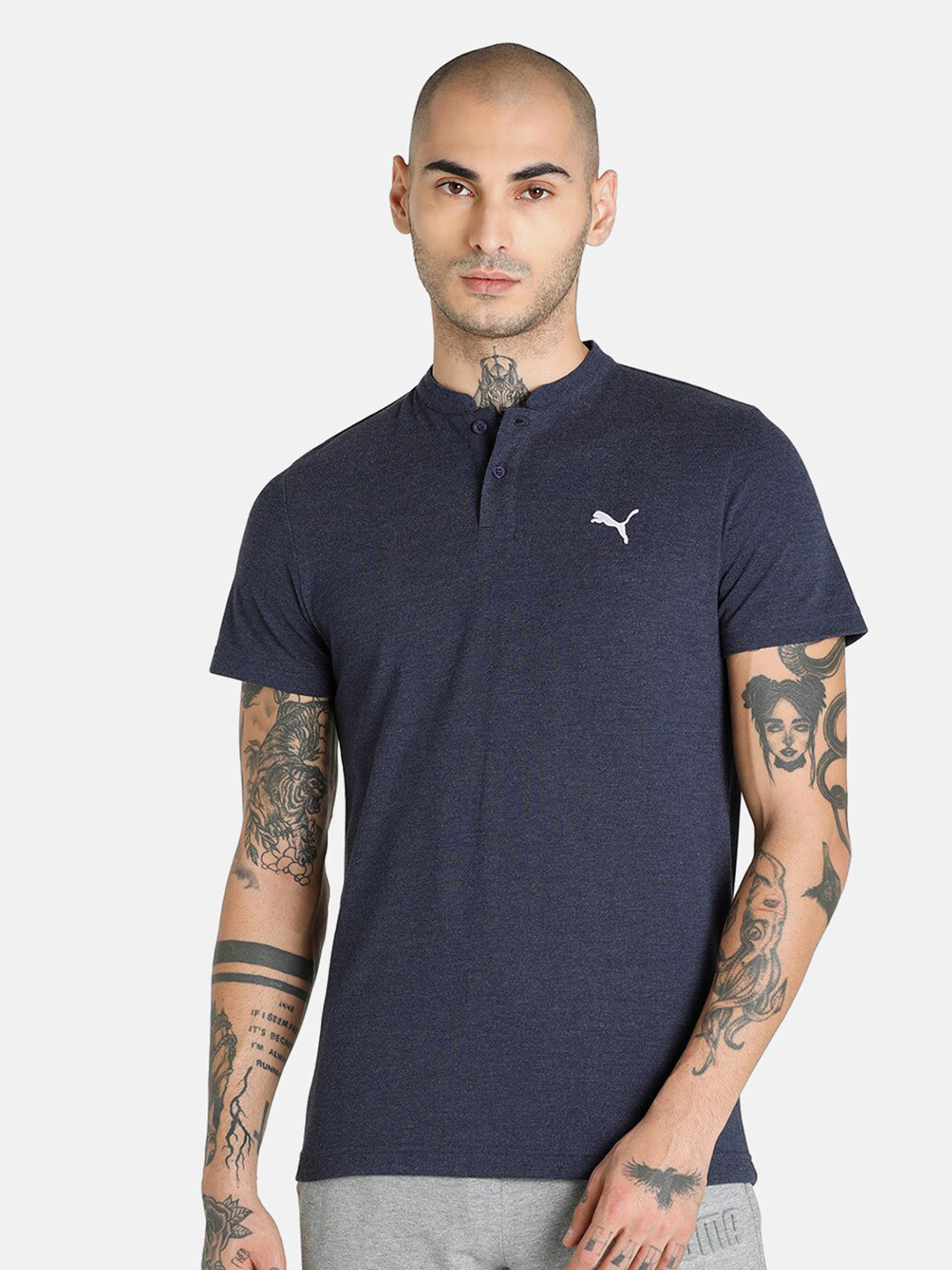 

Puma Men Blue Mandarin Collar Cotton T-shirt