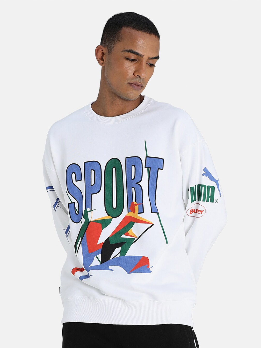 

Puma Unisex White Crew Printed Loose Sweatshirt