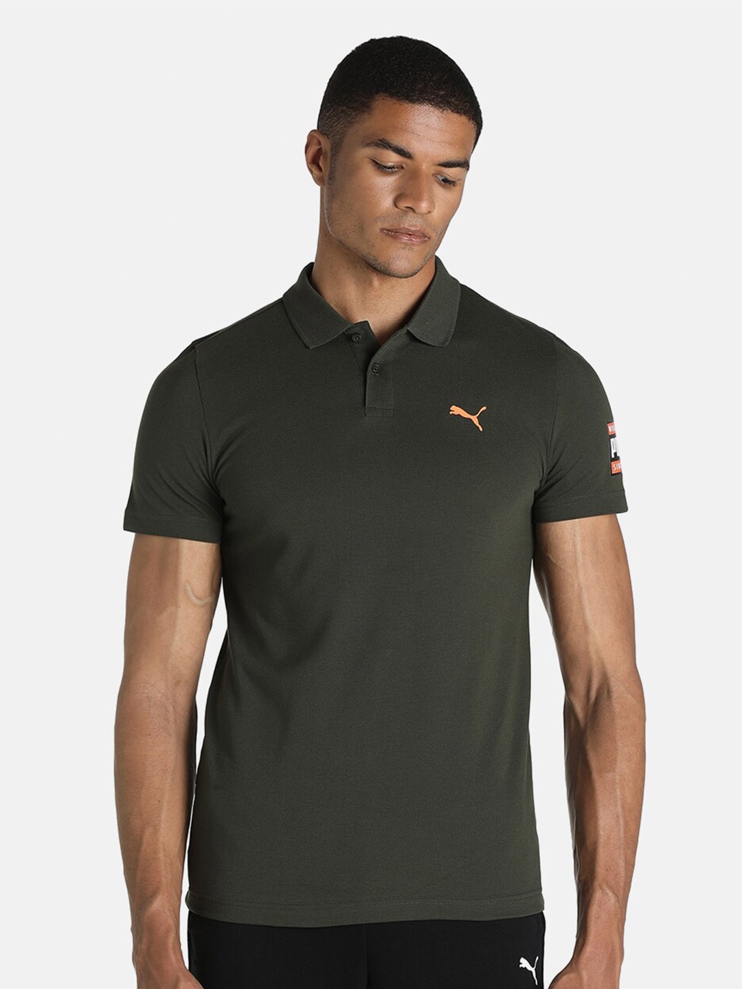 

Puma Men Olive Green Polo Collar Slim Fit Cotton T-shirt