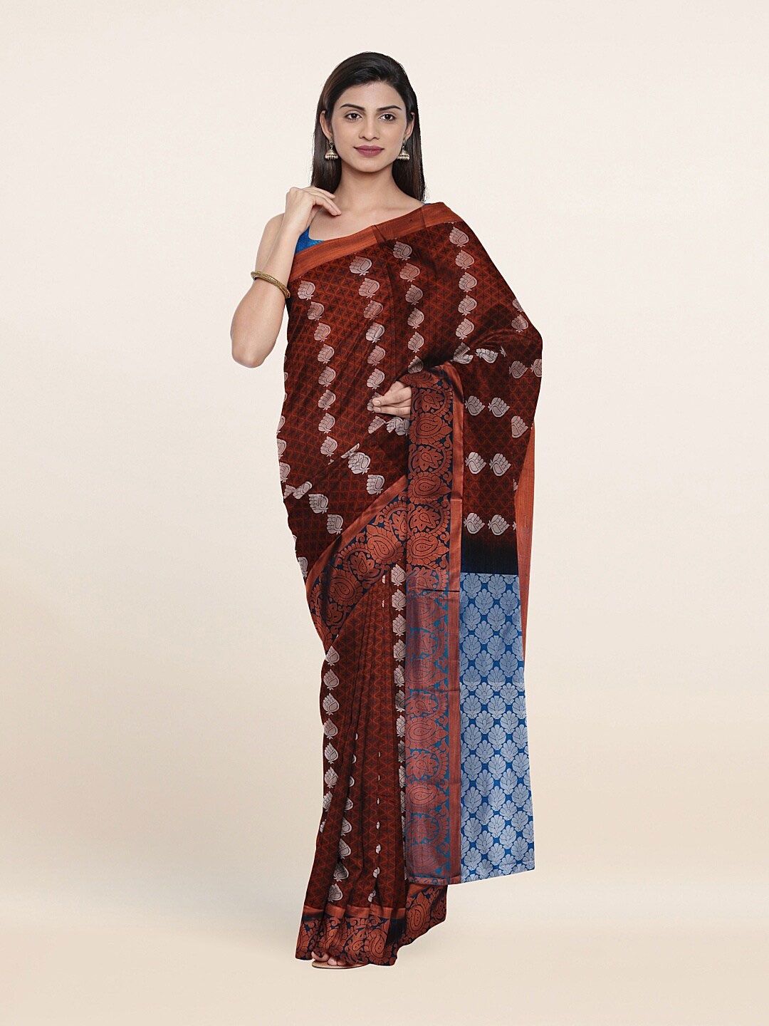 

Pothys Brown & Blue Woven Design Pure Silk Saree