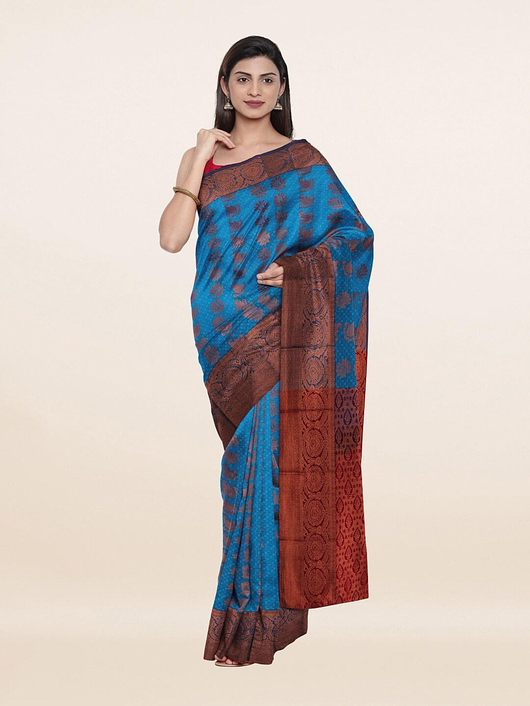 

Pothys Blue & Red Ethnic Motifs Zari Pure Silk Saree