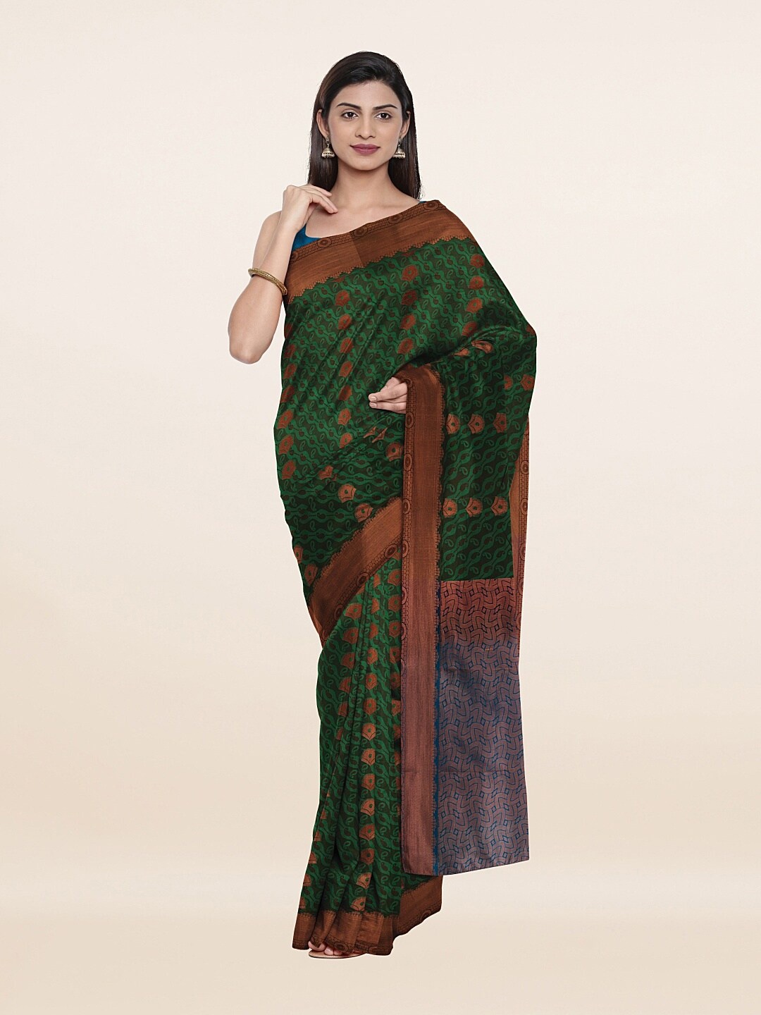 

Pothys Green & Blue Ethnic Motifs Zari Pure Silk Saree
