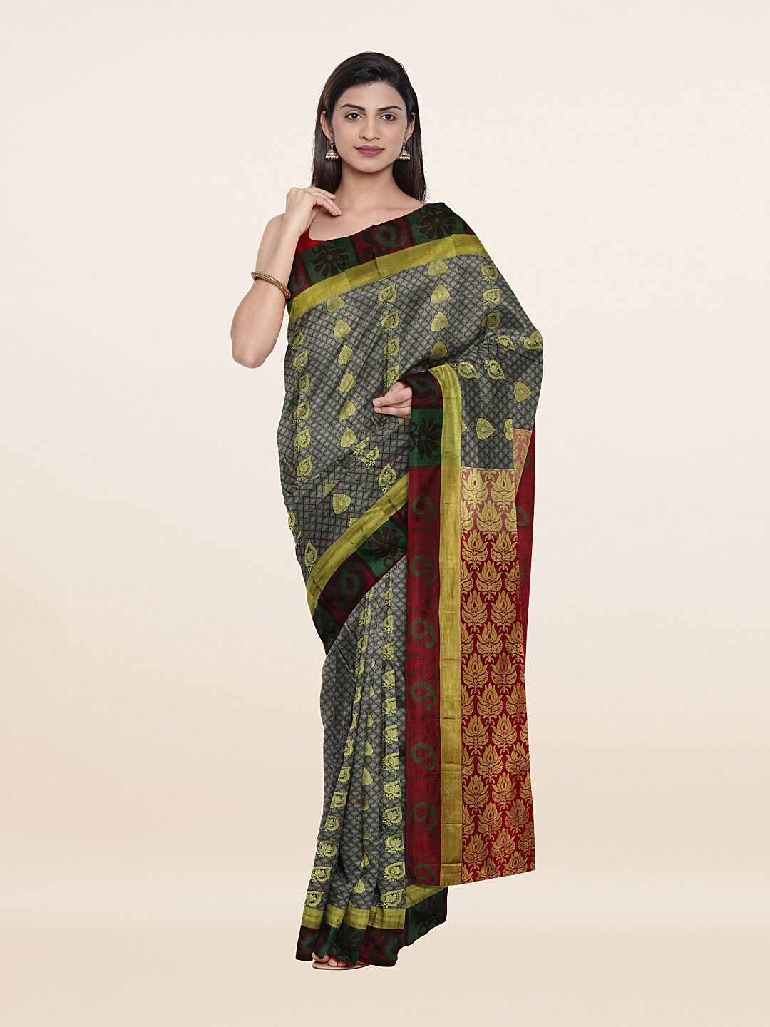 

Pothys Grey & Gold-Toned Woven Design Zari Pure Silk Saree